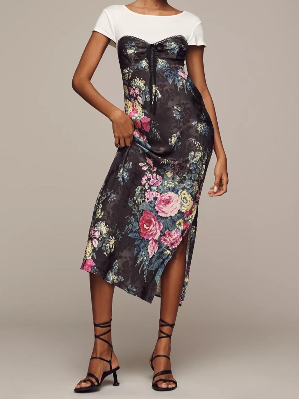 Anthropologie Twofer Floral Midi Slip Dress Women L Gray Blue Pink Cream(Q1-65E)
